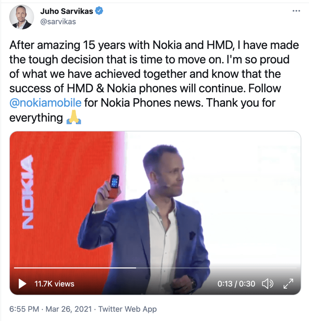 Chief product officer Juho Sarvikas is leaving HMD Global and Nokia -Techweu