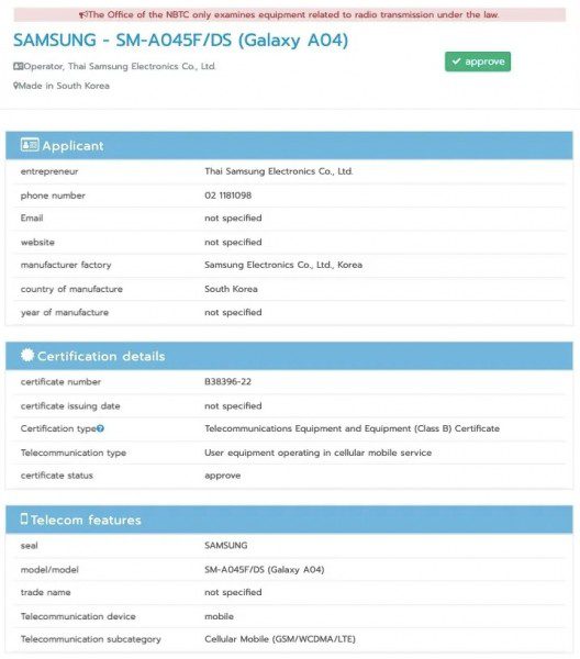 Samsung Galaxy A04 moves a step closer to launch as it gets NBTC certified
-Techweu