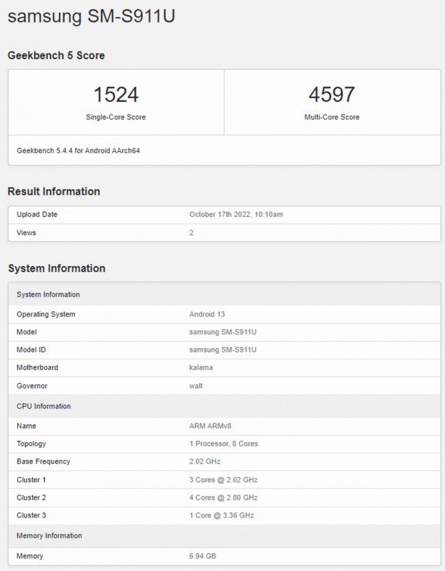 Samsung Galaxy S23 with Snapdragon 8 Gen 2 tested by Geekbench
-Techweu