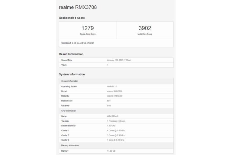 Realme GT Neo 5 seemingly passes through Geekbench with 16GB of RAM
-Techweu